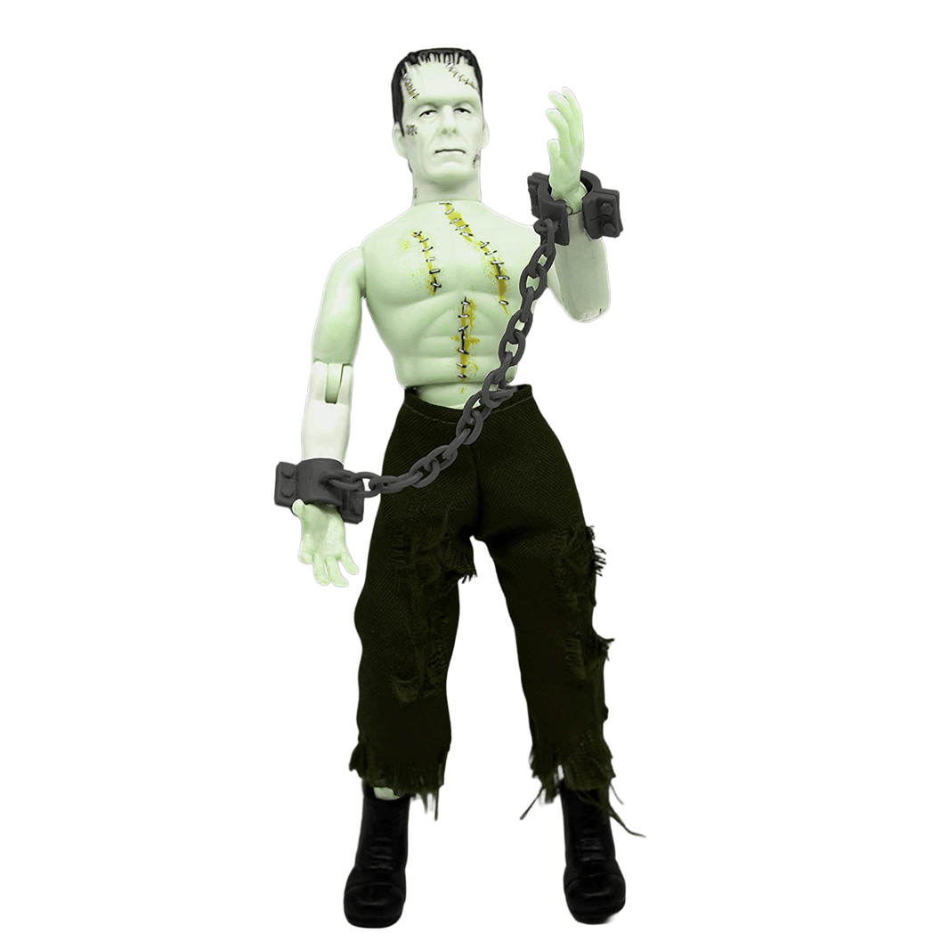 Mego 8-inch retro-style Frankenstein figure with stitched details and removable chains wearing torn pants and boots