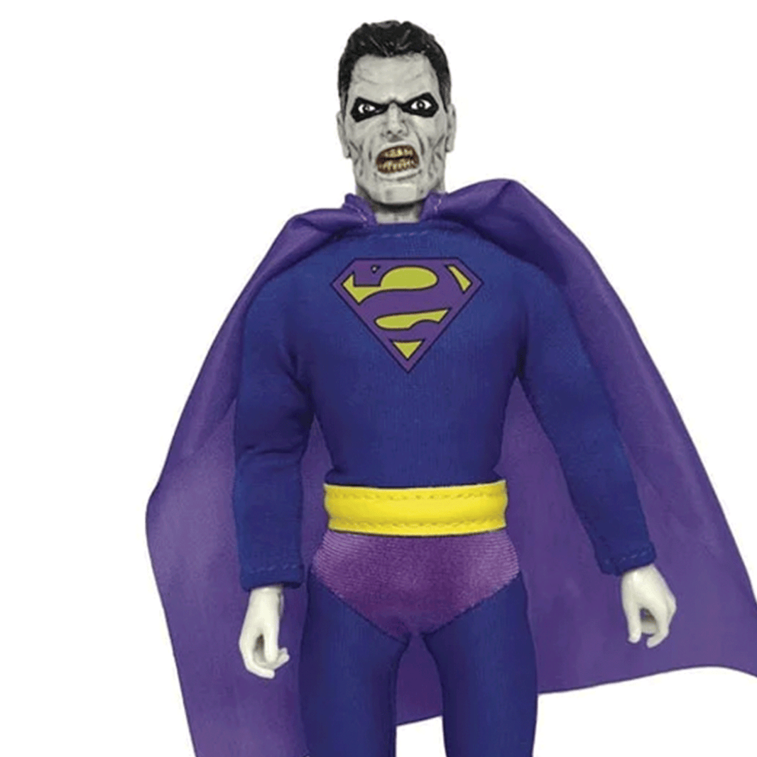 Bizarro 50th Superman Retro Style Articulated Mego Action Figure 8 inch featuring detailed villain costume and purple cape by Mego