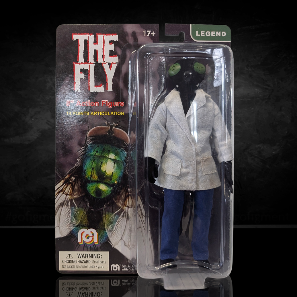 The Fly Articulated Mego Action Figure 8 inch in packaging with detailed fly head and lab coat by Mego