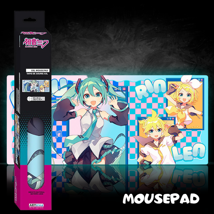 Abysse XXL mousepad featuring vibrant Vocaloid Hatsune Miku and friends design with colorful blue and pink background
