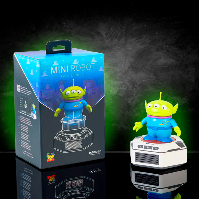 Toy Story Alien Mini Robot with Base by Robesen Robotics displaying vibrant colors and playful design against black background