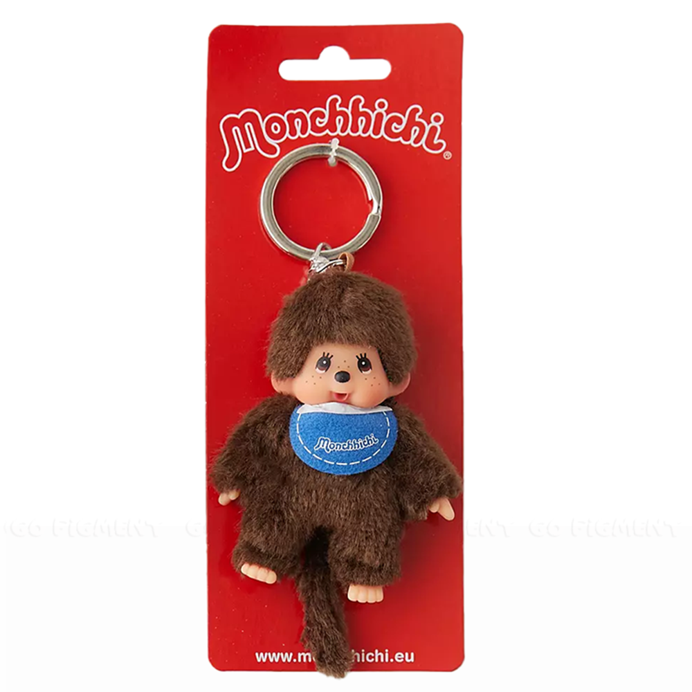 4" Monchhichi Keychain - Classic Boy, Blue Bib Mascot - Authentic Plush Mascot, NWT by Sekiguchi on red card backing