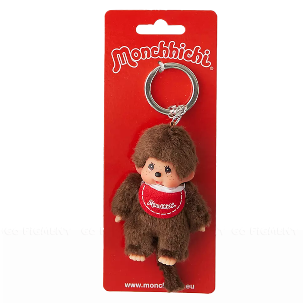 4" Monchhichi Keychain - Classic Boy, Red Bib Mascot - Authentic Plush Mascot, NWT by Sekiguchi