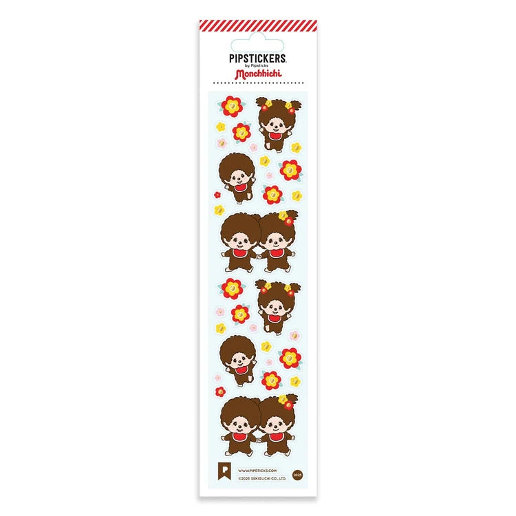 Monchhichi Frolicking 8" Pipsticks Gold Foil Sticker Sheet featuring Monchhichi characters and flowers