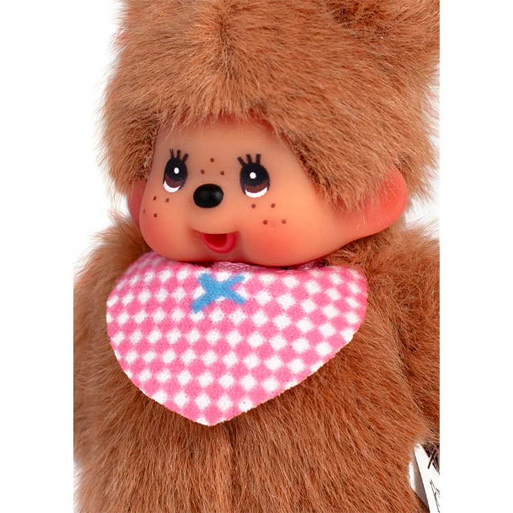 Sekiguchi Monchhichi Bearchhichi plush doll with soft fur and pink checkered scarf close-up view.
