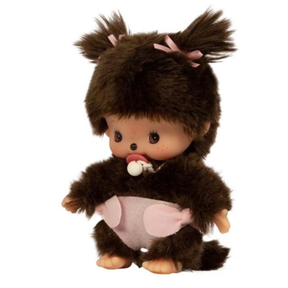 Sekiguchi Bebichhichi Sakura Girl plush with twin bows, pacifier, and soft fur, collectible 4.75-inch monkey toy.