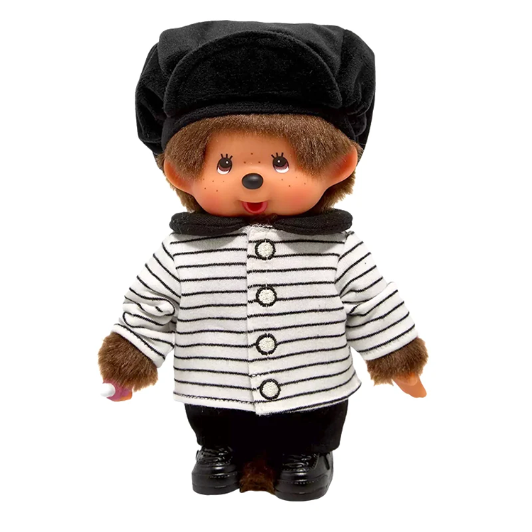 8" Monchhichi Brown Boy - in Striped Jacket & Casquette and Brown Eyes by Sekiguchi