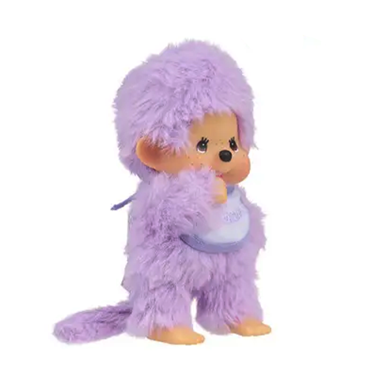 Sekiguchi Monchhichi plush figure in soft purple beanie with detailed features and signature pacifier accessory