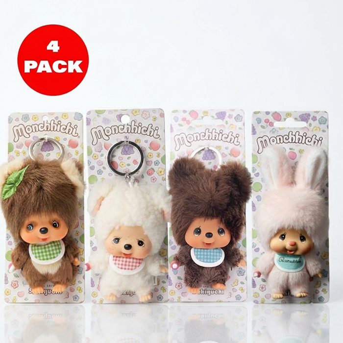 4" Monchhichi Friends Mascot 4 Pack BUNDLE of Keychain Bag Charms by Sekiguchi featuring four plush character designs