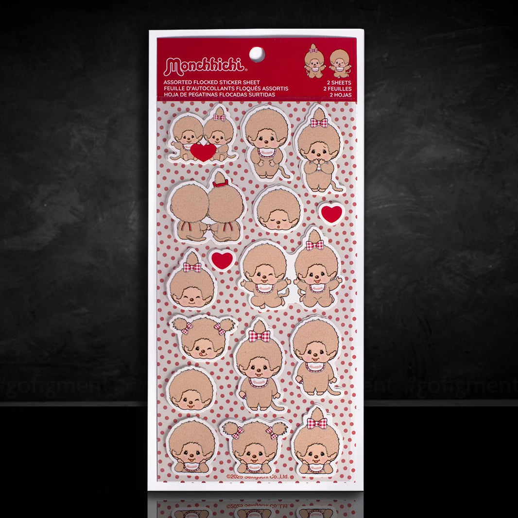 Sekiguchi Monchhichi fuzzy sticker sheets 2 pack with assorted cute character designs on white backing