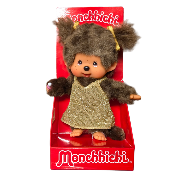 8" Monchhichi Classic Brown Girl in Gold Glitter Dress With Brown Eyes and Pigtails Sekiguchi