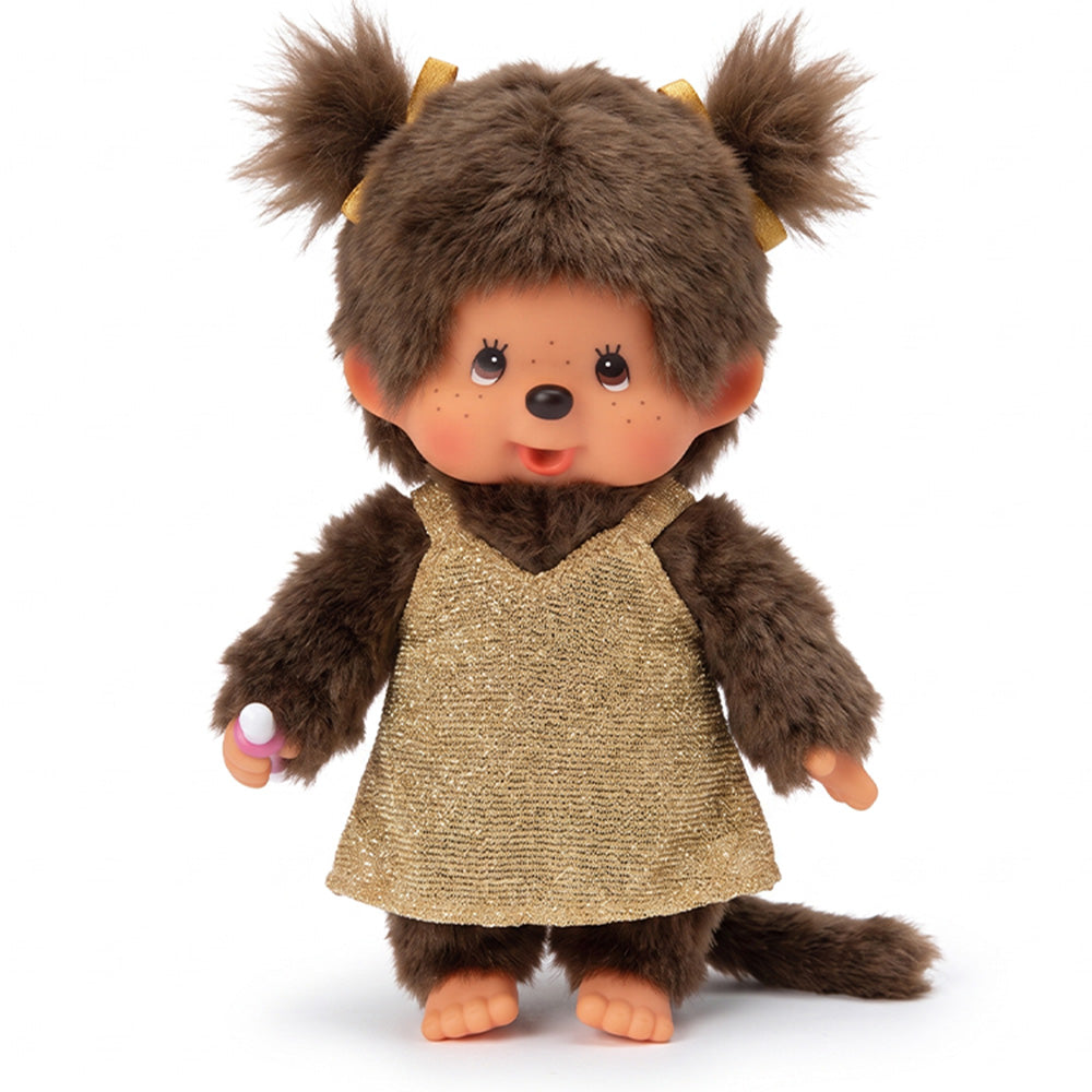 8" Monchhichi Classic Brown Girl in Gold Glitter Dress With Brown Eyes and Pigtails by Sekiguchi
