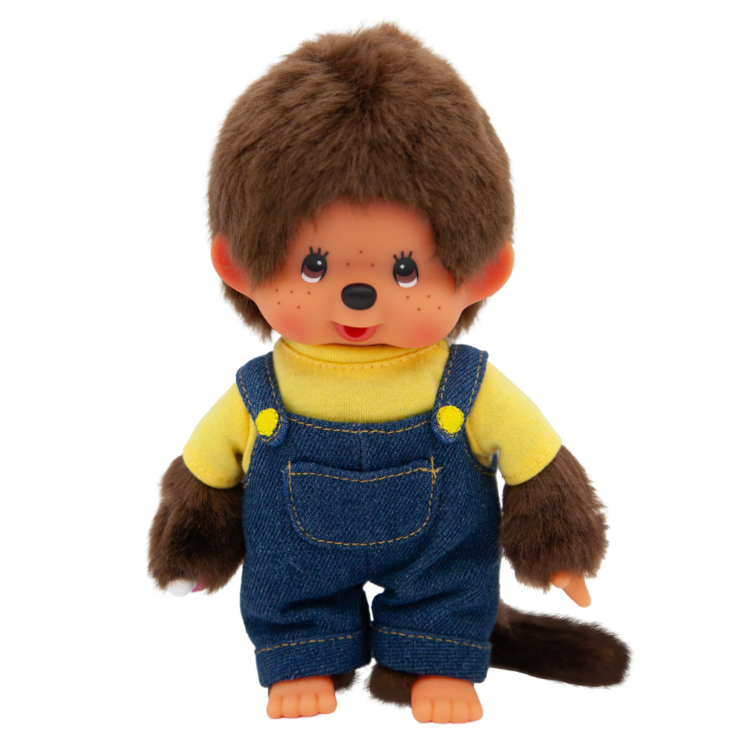8" Monchhichi Boy in Yellow Shirt and Blue Overalls with Brown Eyes by Aliquantum International
