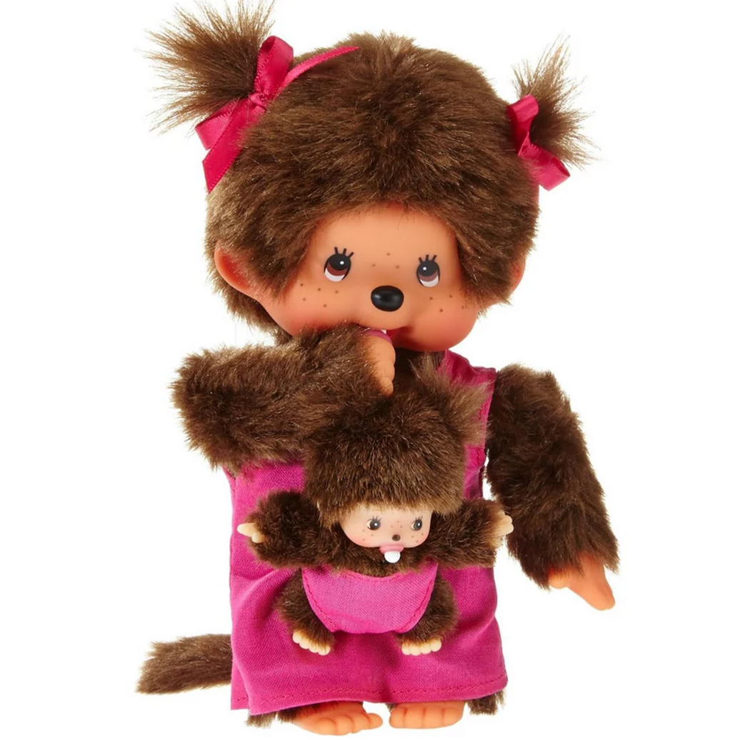 Official Sekiguchi Monchhichi 8-inch Mothercare pink plush doll holding a matching baby monkey, often spelled Monchichi.