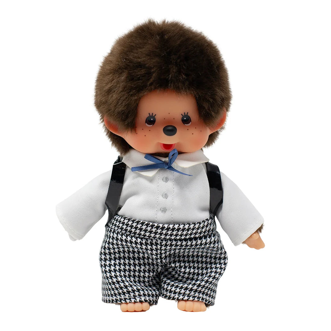 Monchhichi Japanese Style School Bag Boy 8-Inch Plush wearing a white shirt and houndstooth shorts