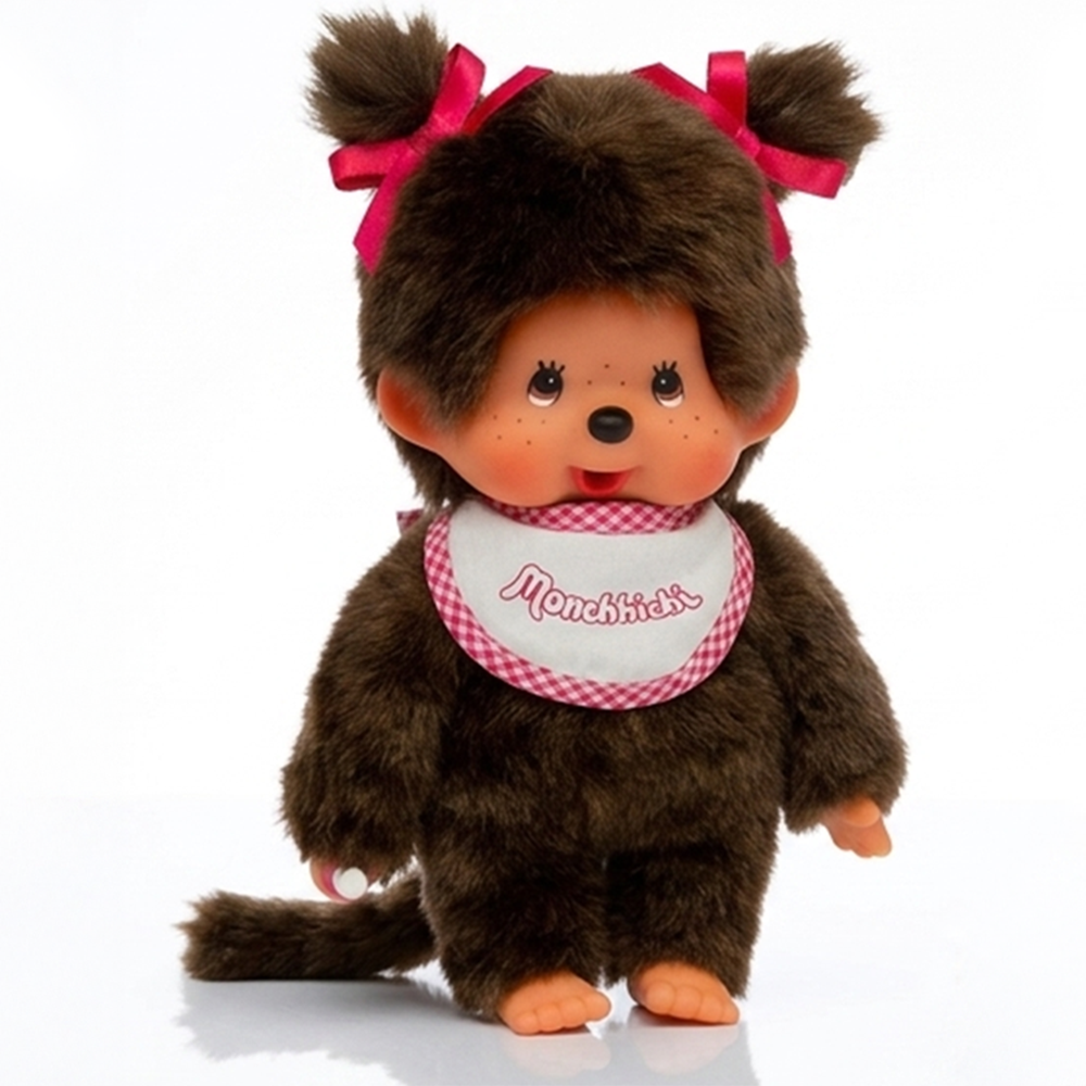 8" Large Monchhichi Doll - Classic Girl with White and Pink Bib - Authentic Monkey Plush, NWT by Sekiguchi