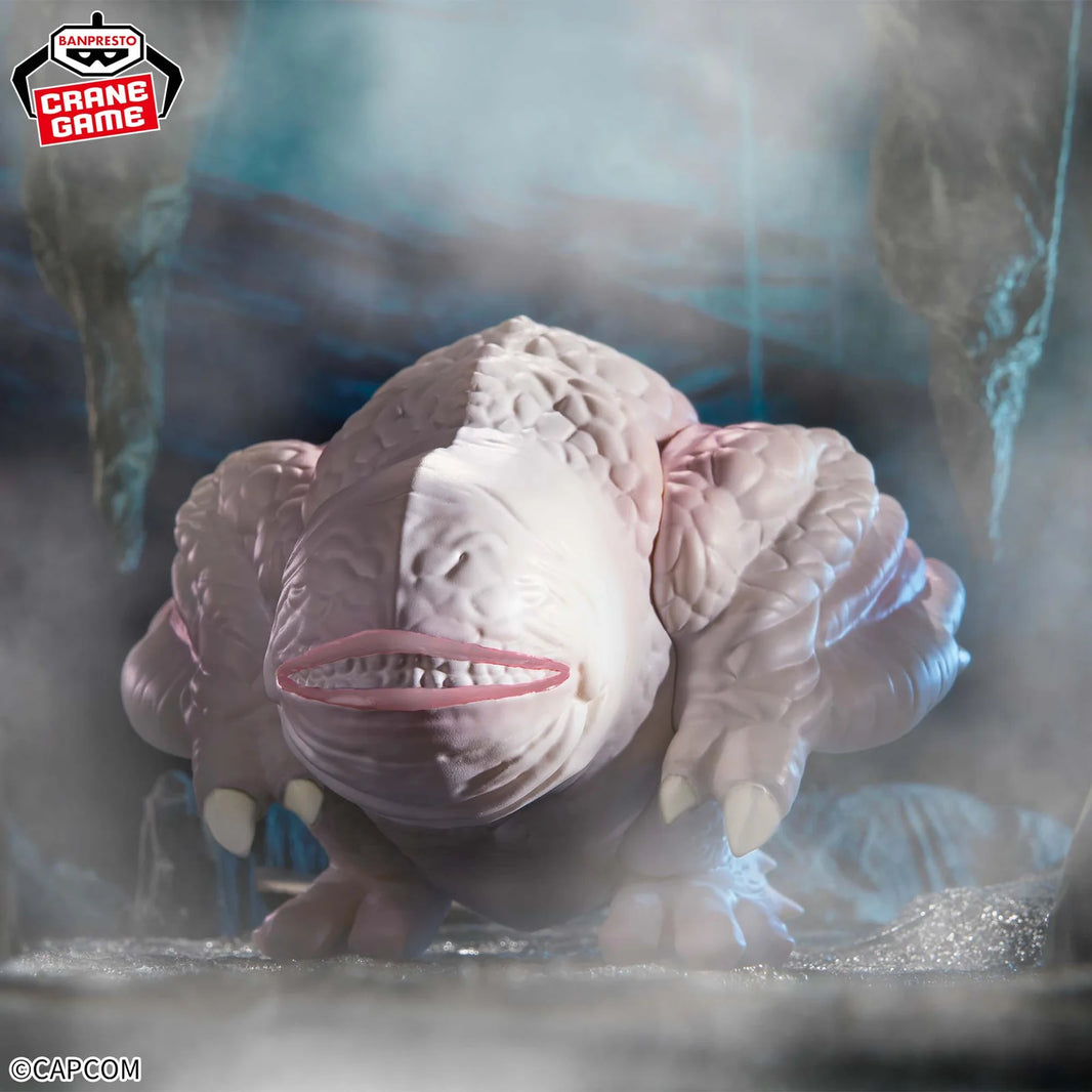 White Khezu Monster Hunter Enshrined Monsters Banpresto Statue in foggy cave with detailed textured skin and claws.