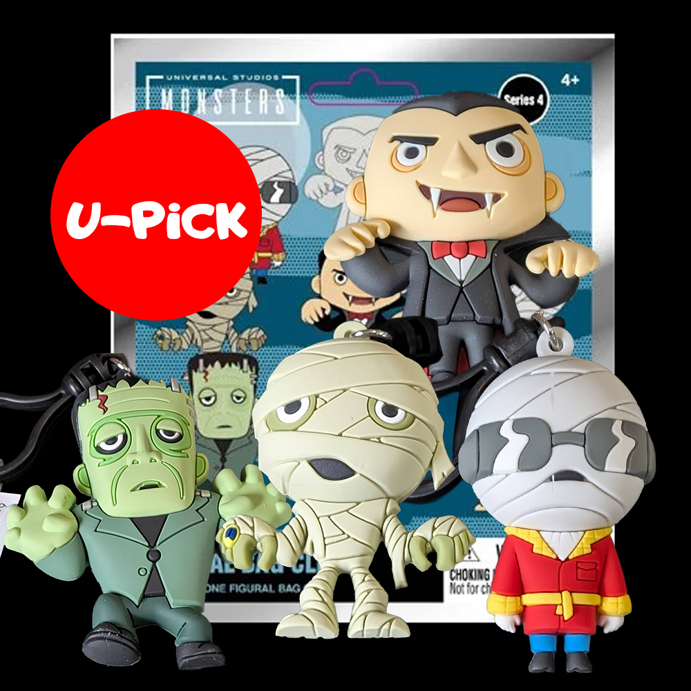 Go Figment Universal Monsters Series 4 bag clips featuring Dracula, Frankenstein, Mummy, and Invisible Man figures in blind box packaging