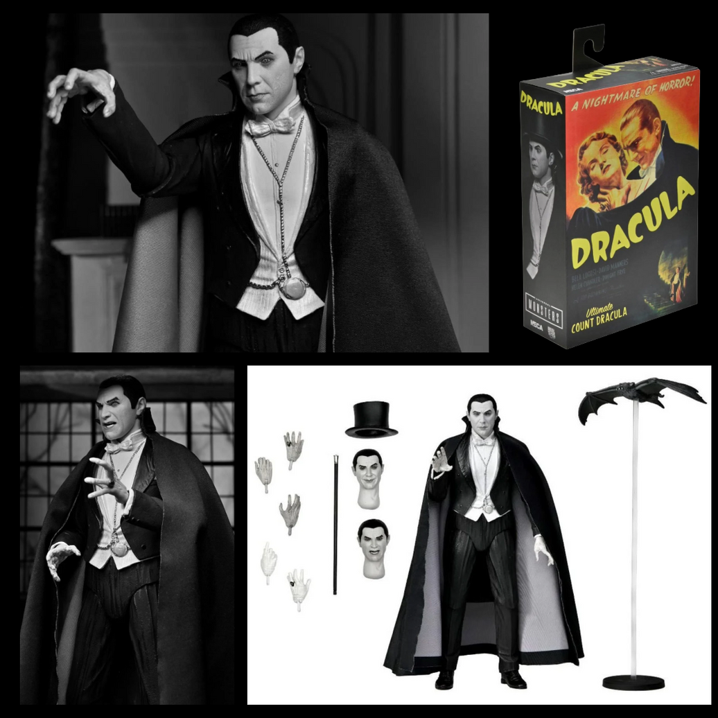Dracula of Carfax Abbey Black and White 7 inch Neca Action Figure Universal Monsters with accessories and collector packaging new in box