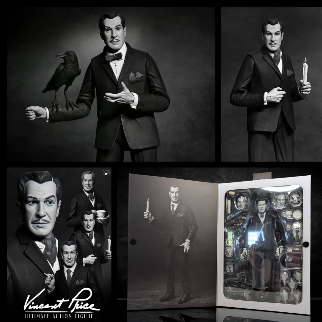 Vincent Price - Ultimate Silver Screen Edition B&W NECA 7-Inch Action Figure in black suit with raven and candle, new in box by Neca