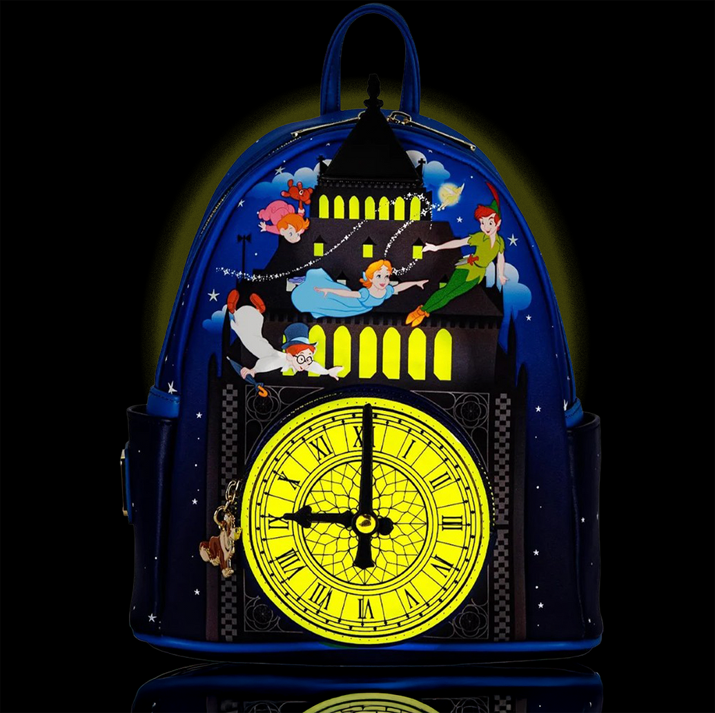 PETER PAN Loungefly Glow-in-the-Dark Tower Disney Mini-Backpack featuring flying characters and illuminated clock design by Loungefly