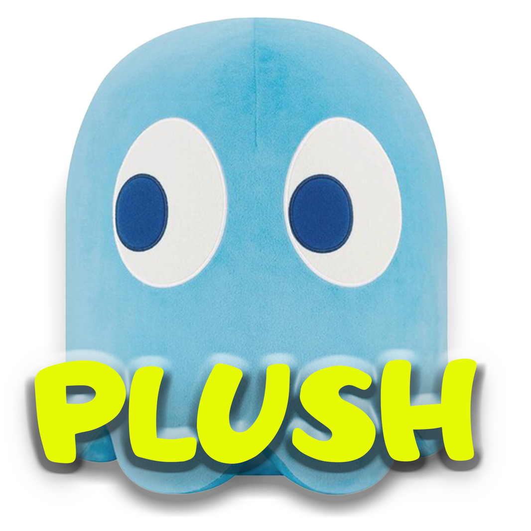 Inky ghost plush from Pac-Man by Banpresto, soft blue fabric with large white and blue eyes, 12 inches tall collectible.