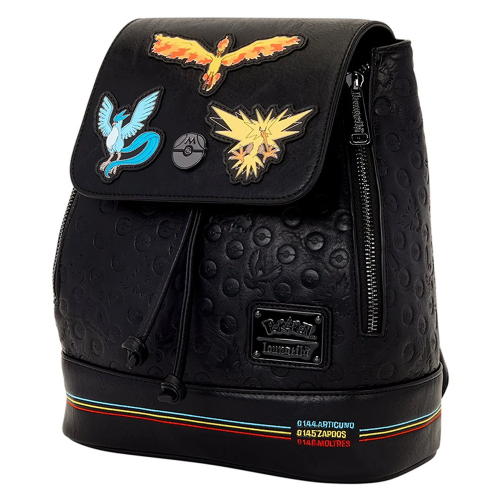 Articuno Moltres Zapdos Pokémon Legendary Birds Loungefly Mini-Backpack in black with embossed pokeball design and colorful bird patches.
