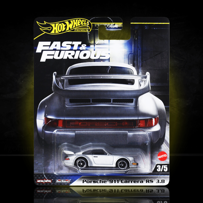 Mattel Hot Wheels Premium Fast and Furious Porsche 911 Carrera RS 3.8 diecast car in packaging with rear car view