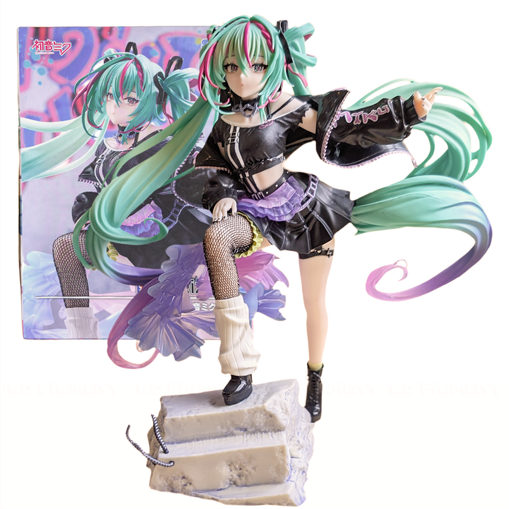 Anime-style figure with long green hair and black purple outfit posed atop a stone-like base with a colorful background card.