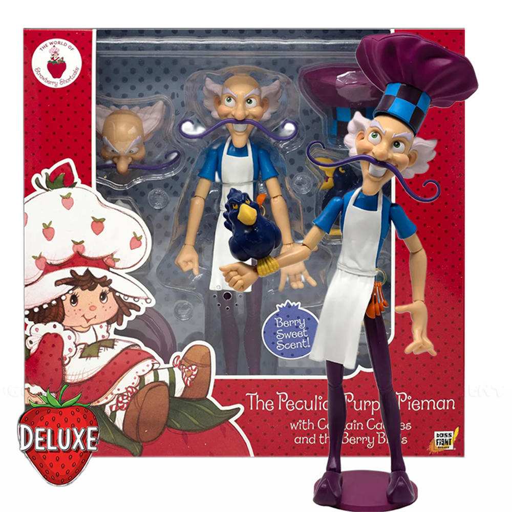Purple Pie Man Strawberry Shortcake DELUXE Villain Action Figure 1:12 by Boss Fight Studio Llc in packaging and posed outside.
