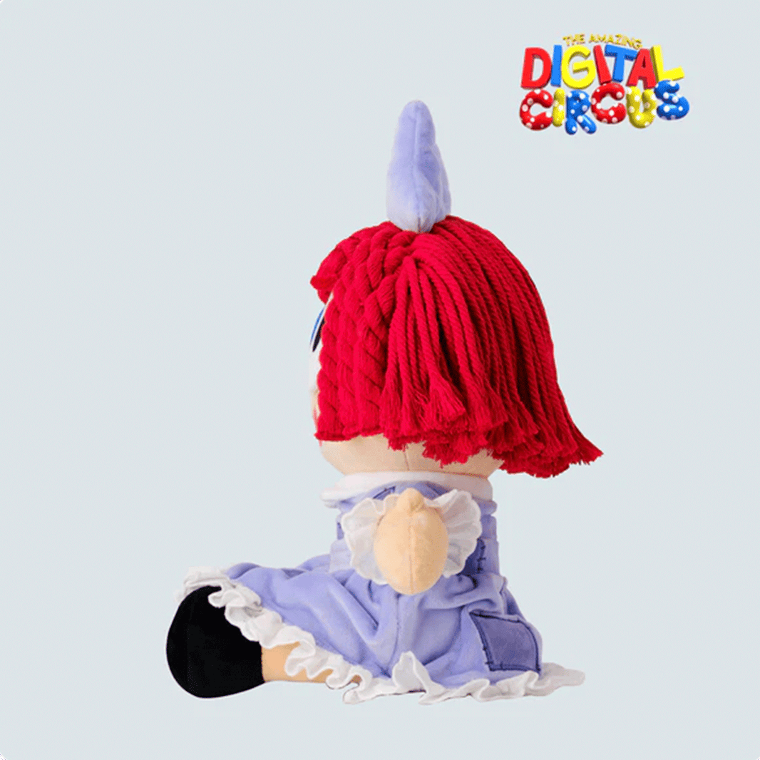 Side view of a plush character from The Amazing Digital Circus with red yarn hair and violet costume details.