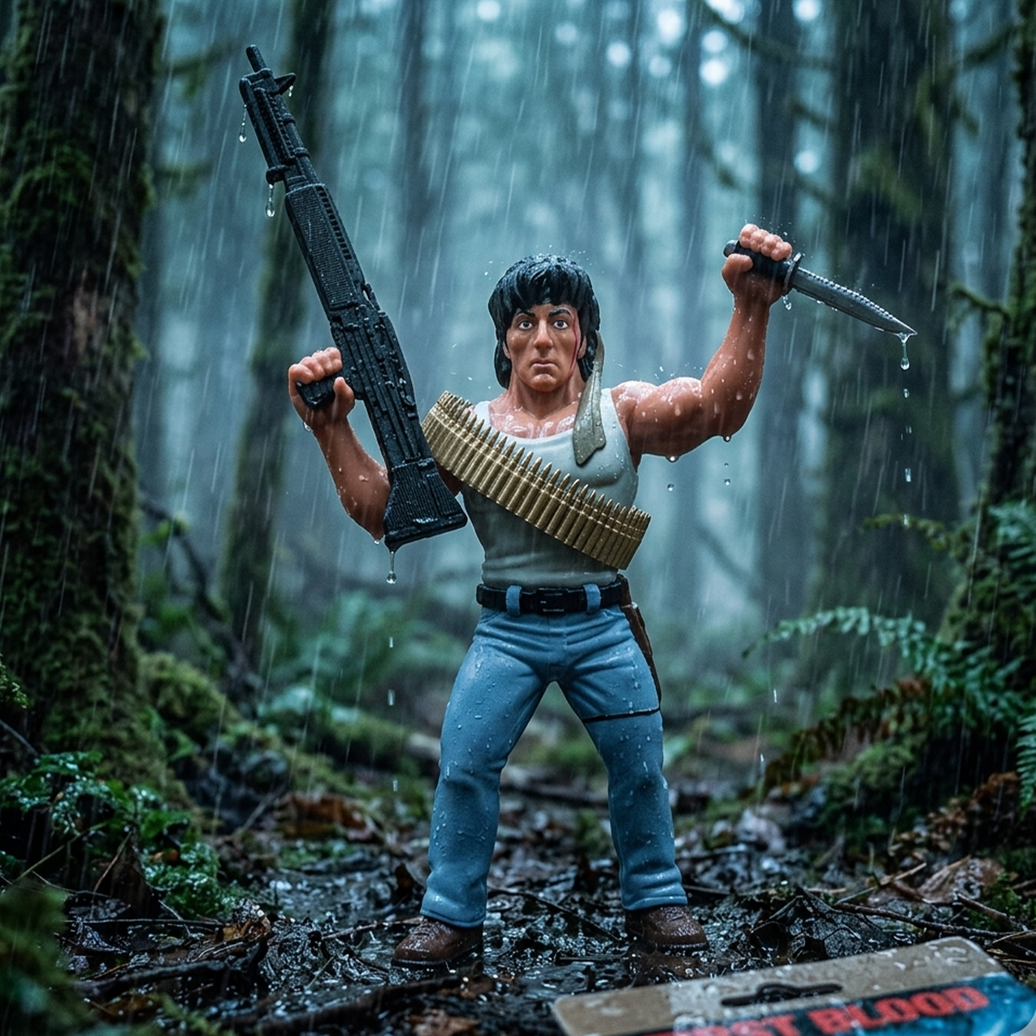 Rambo Major Big Rubber Guys 1:9 Scale 8-Inch Posed Action Figure by Major holding rifle and knife in rain forest scene