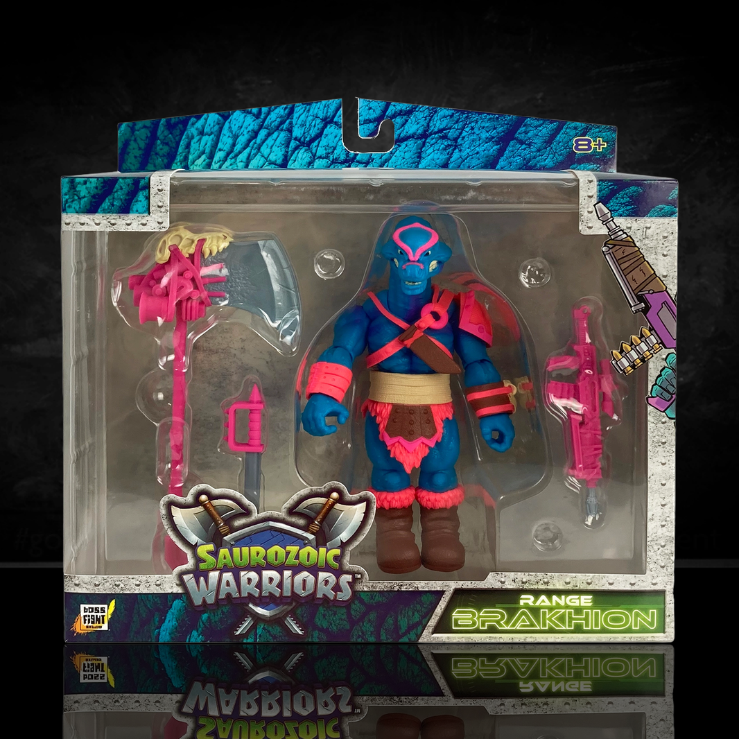 Range Brakhion Saurozoic Warriors action figure, a 6-inch scale Brachiosaurus-inspired spy. This teal and pink dinosaur warrior features a long neck, blue skin with pink armor, and holds a large grey rocket axe. 1:12 scale collectible by Boss Fight Studio.