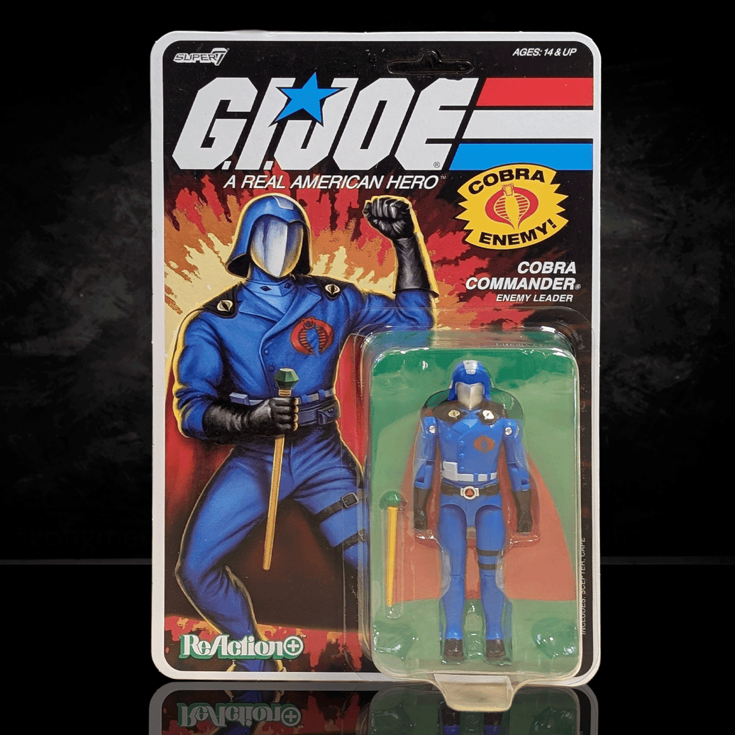 Super7 Cobra Commander action figure with black cape in 3.75-inch ReAction+ retro style packaging