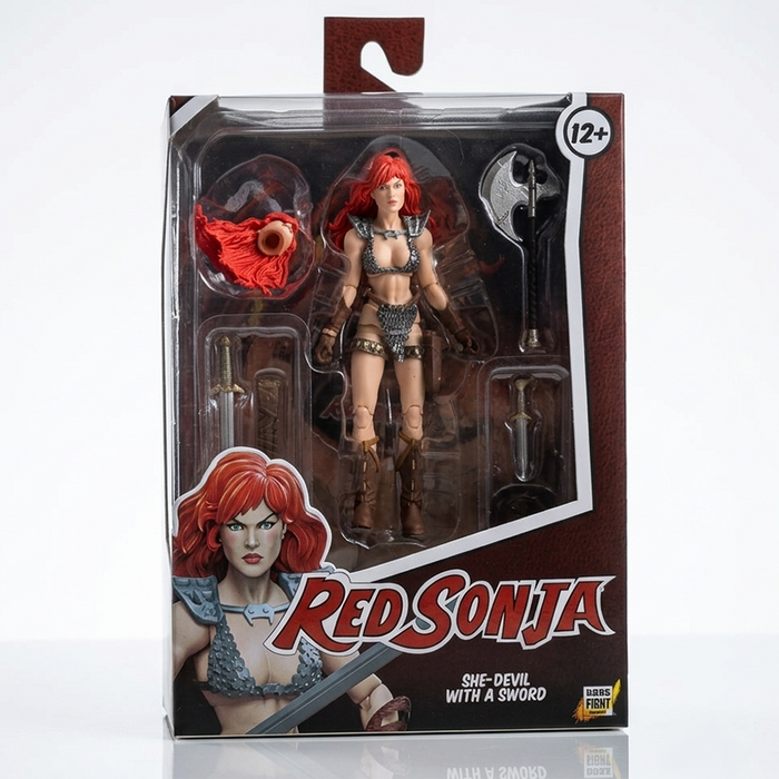 Red Sonja Hero H.A.C.K.S. 1:18 Scale Action Figure - Boss Fight Studio Llc with sword and axe accessories in packaging