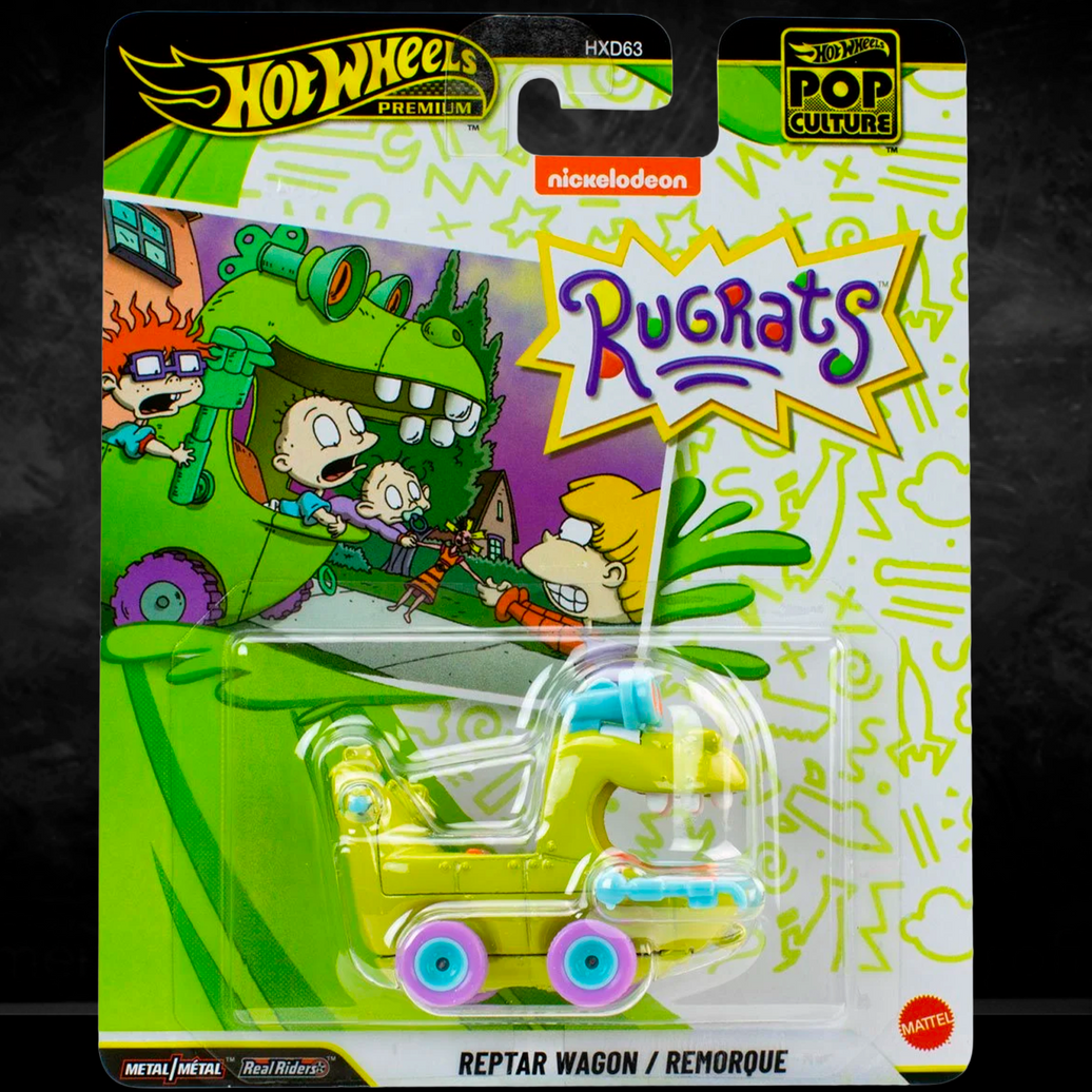 Mattel Hot Wheels Rugrats Reptar Wagon Pop Culture 2026 die-cast vehicle in collectible packaging front view