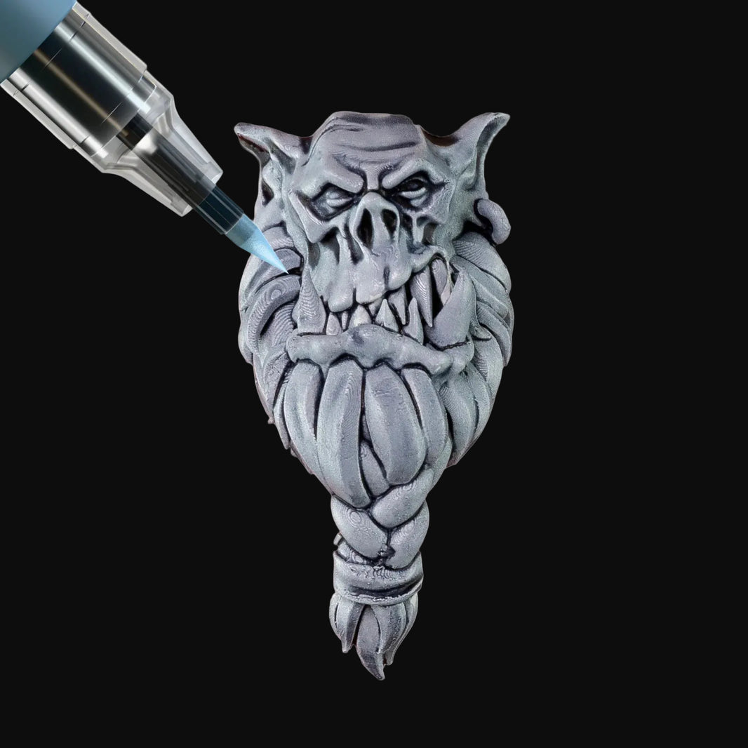 Runic Grey Army Painter Speedpaint Marker - One-Coat Miniature Paint SM1039P applying grey paint on detailed miniature fantasy face by Army Painter