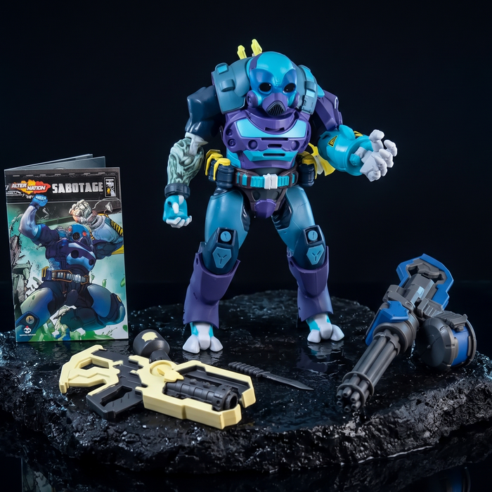 Sabotage 1:12 Scale 6" ReVAMP's Rogue Cyber-Soldier Action Figure by Alter Nation with weapons and packaging display