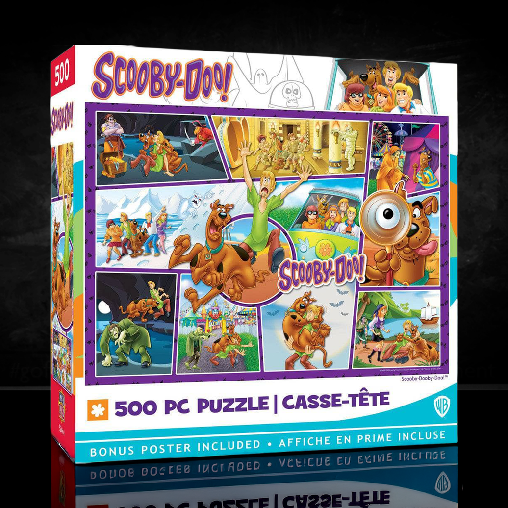 Scooby-Doo! Collage 500 Piece Jigsaw Puzzle by Master Pieces featuring colorful cartoon scenes from the Scooby Doo series