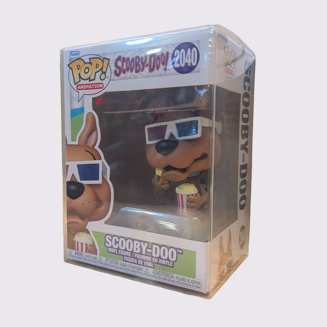 Funko Pop Scooby-Doo vinyl figure #2040 wearing 3D glasses and holding popcorn in original display box with protector