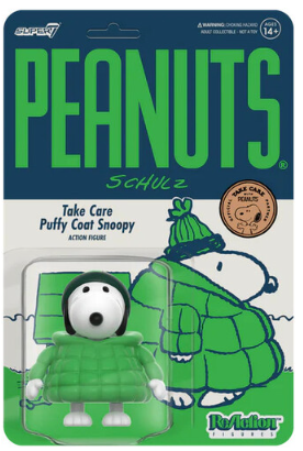Snoopy – Peanuts ReAction Take Care Puffy Coat U‑Pick Action Figure by Super7 in original packaging with green puffy coat design