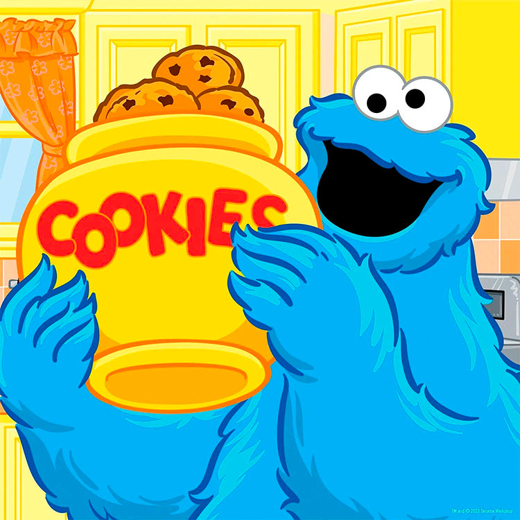 Master Pieces Sesame Street Cookie Monster holding large yellow cookie jar jigsaw puzzle image 10 by 10 inches