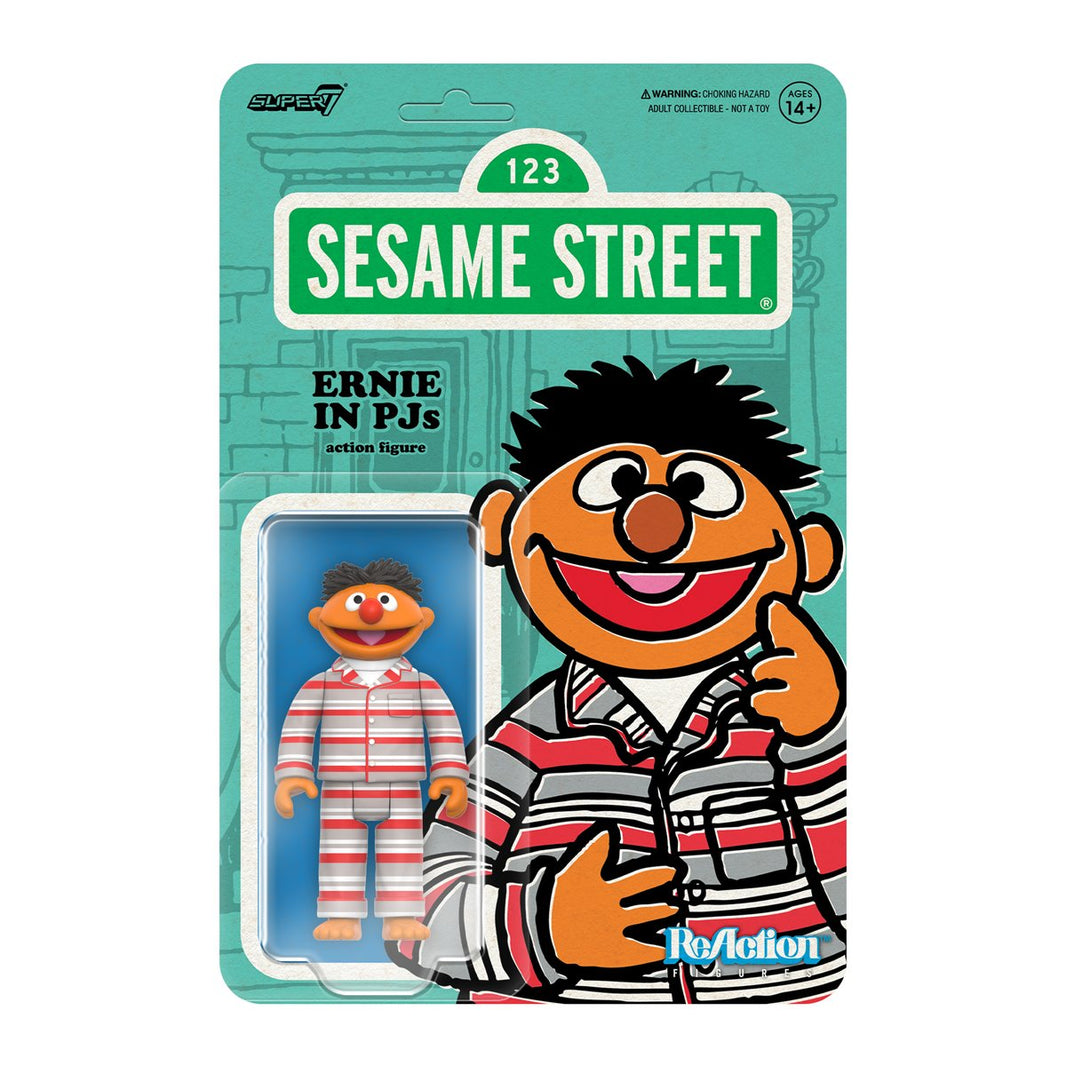 Sesame Street Ernie figure wearing red and white striped pajamas on teal card with illustrated character art