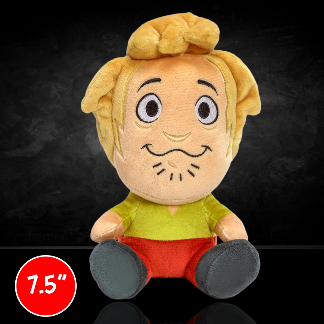 Scooby-Doo Shaggy 8-Inch Phunny Plush Figure - Perfect Companion for Mystery Solvers by Kidrobot sitting with green shirt and orange pants
