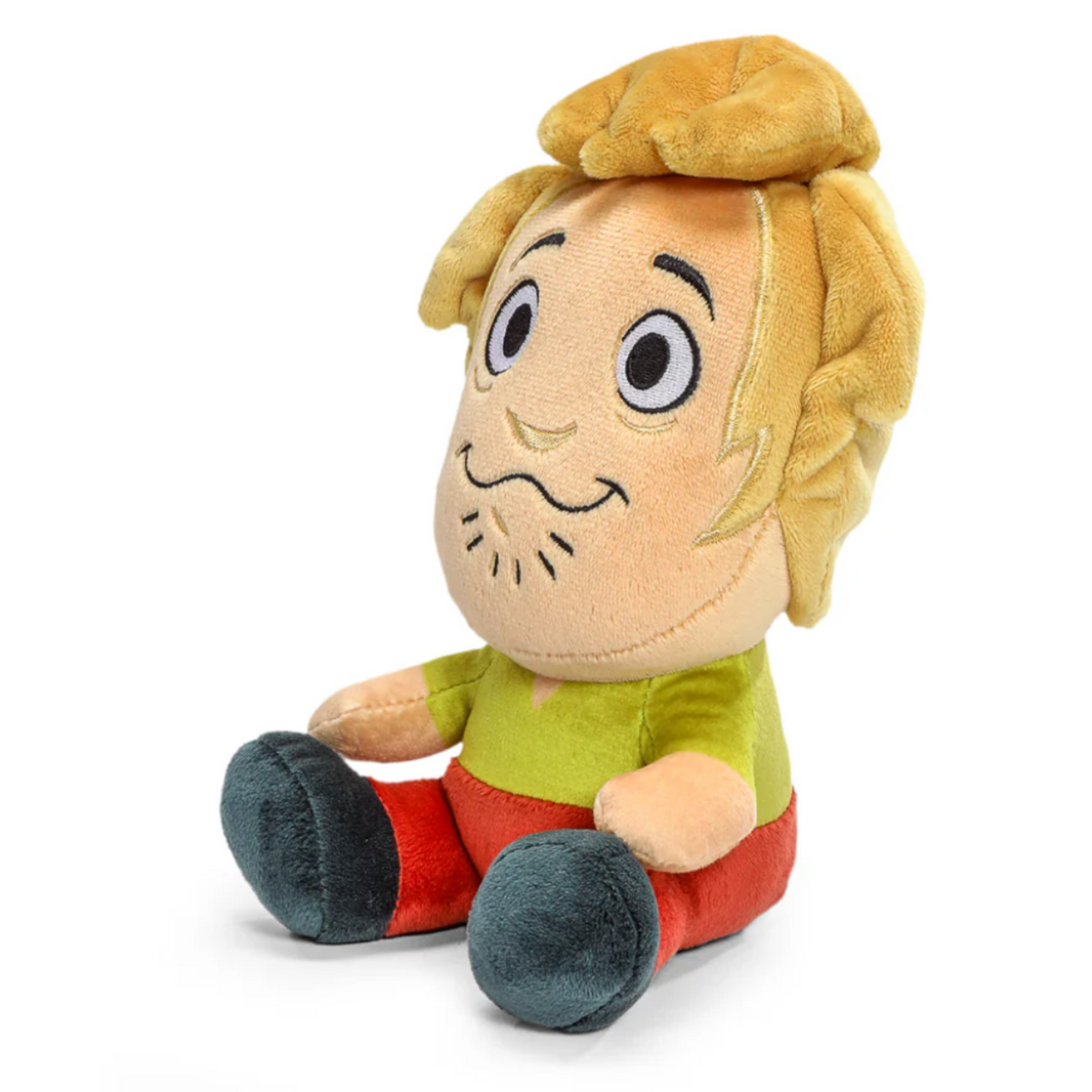 Scooby-Doo Shaggy 8-Inch Phunny Plush Figure - Perfect Companion for Mystery Solvers by Kidrobot seated with green shirt and red pants
