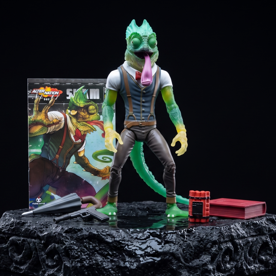 Sham 1:12 Scale 5" Human Chameleon Hybrid Action Figure by Altered Nation with suit, long tongue, umbrella, book, and weapon accessories