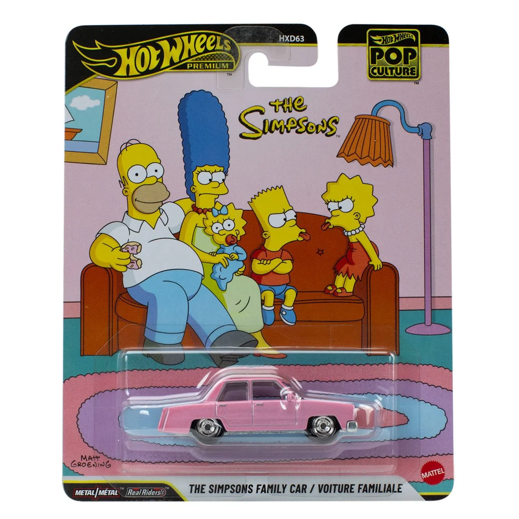Hot Wheels Pop Culture The Simpsons Family Car package with a pink vintage sedan and Simpsons family artwork