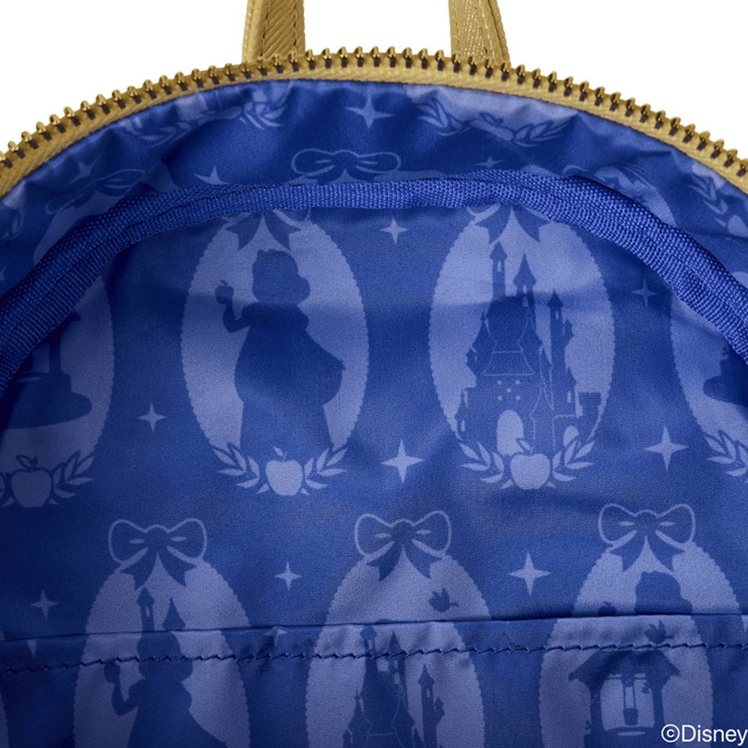 Interior fabric pattern of blue satin featuring Snow White silhouette, castle, and thematic icons by Loungefly