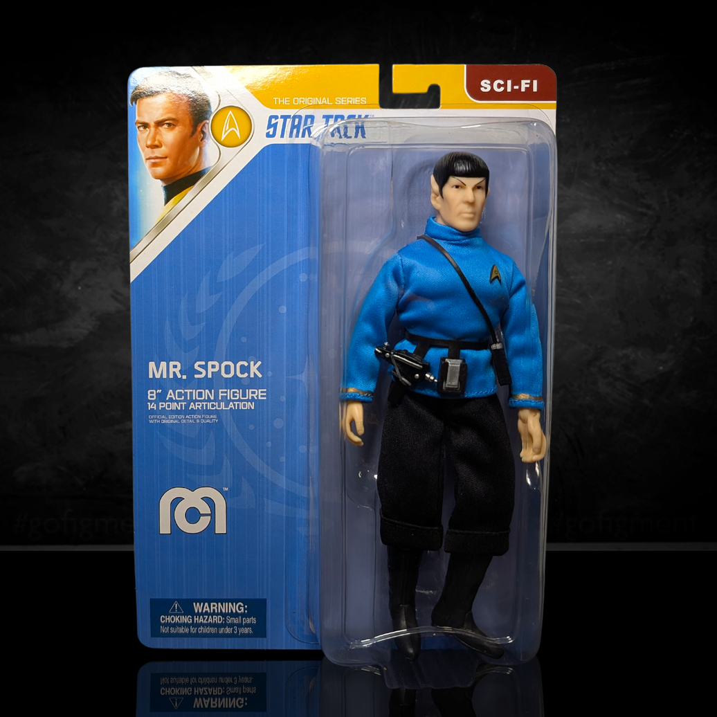 Mego 8-inch Mr. Spock action figure in blue Star Trek uniform with detailed accessories and 14 points of articulation in packaging