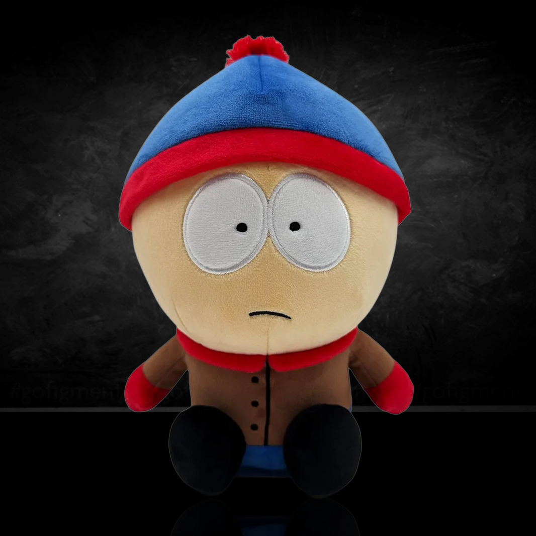 South Park Stan 9-Inch Plush by Youtooz dressed in blue hat and brown coat against dark background